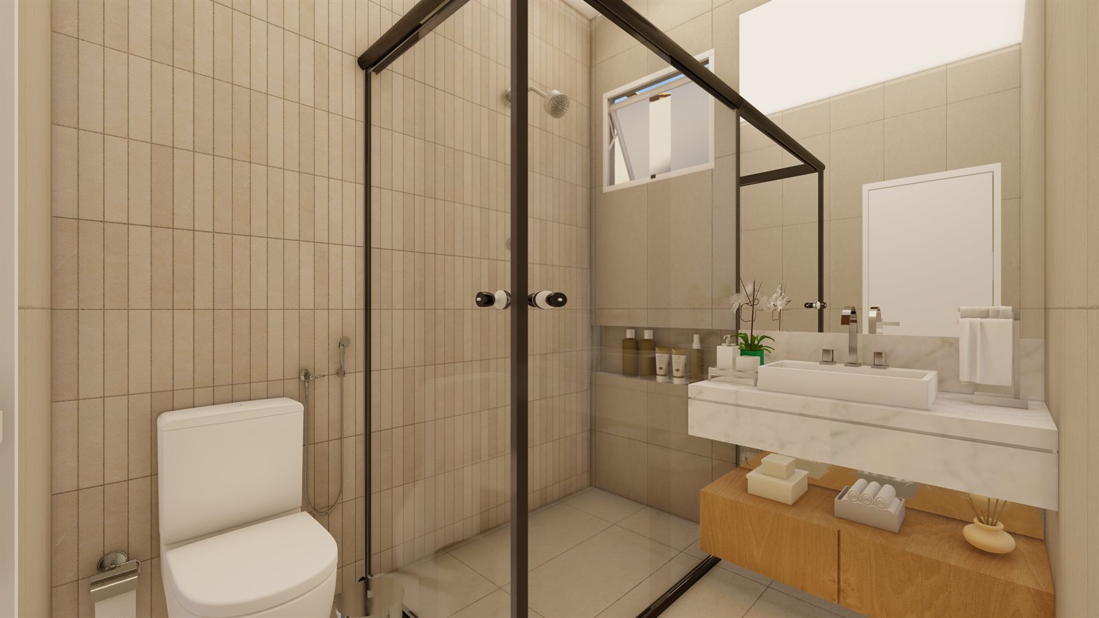 Banheiro de suíte com acabamento refinado