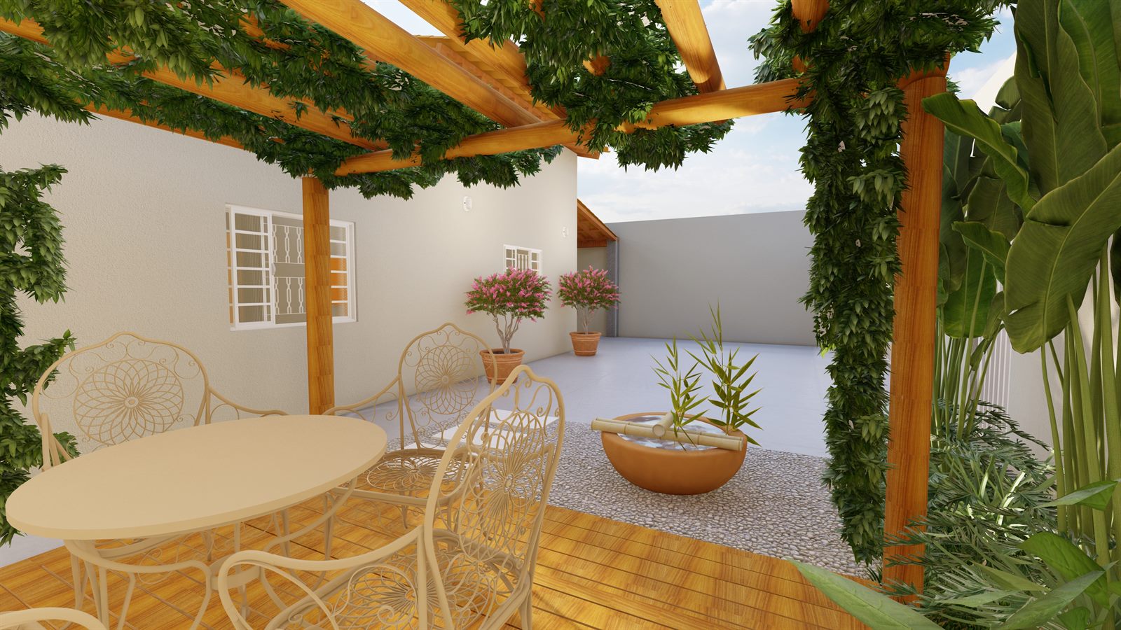 Varanda de convivência com pergolado de madeira e jardim
